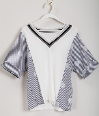 朵以撞色针织拼接条纹短袖衬衫