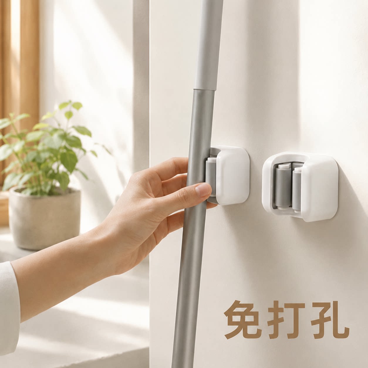 免打孔拖把挂钩夹子浴室防水壁挂架收纳强力无痕拖布扫把固定神器