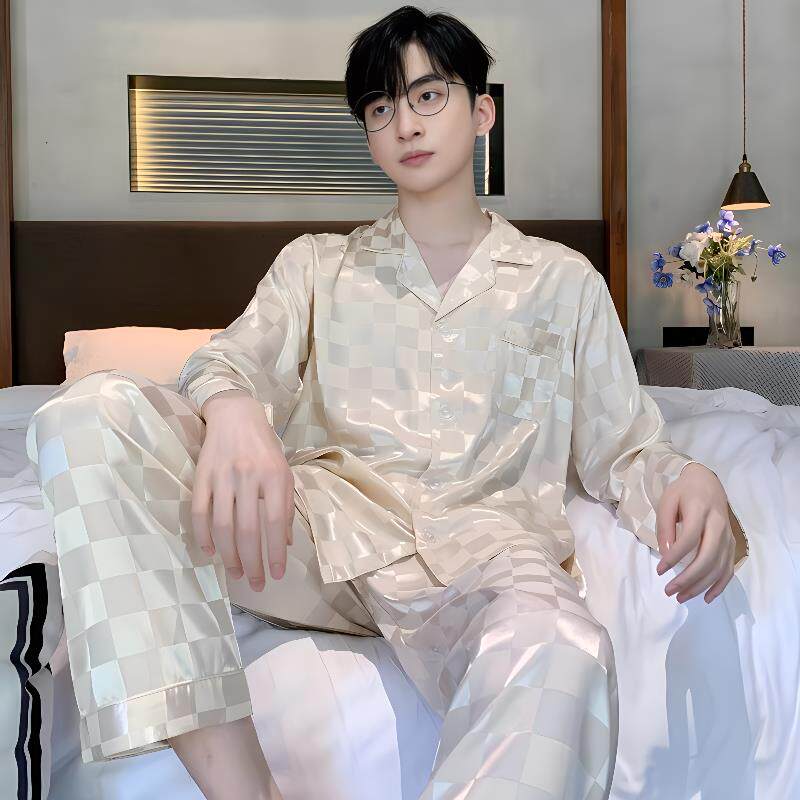 睡衣男士春夏季夏天长袖丝绸冰丝家居服春秋款薄款彷真丝绸缎套装