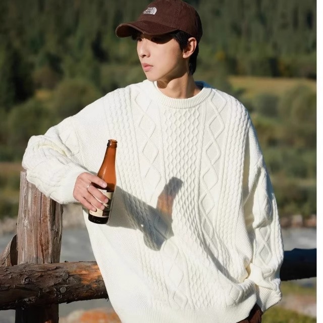 OUNI秋冬装复古麻花圆领毛衣男女宽松休闲加厚纯色情侣针织打底衫