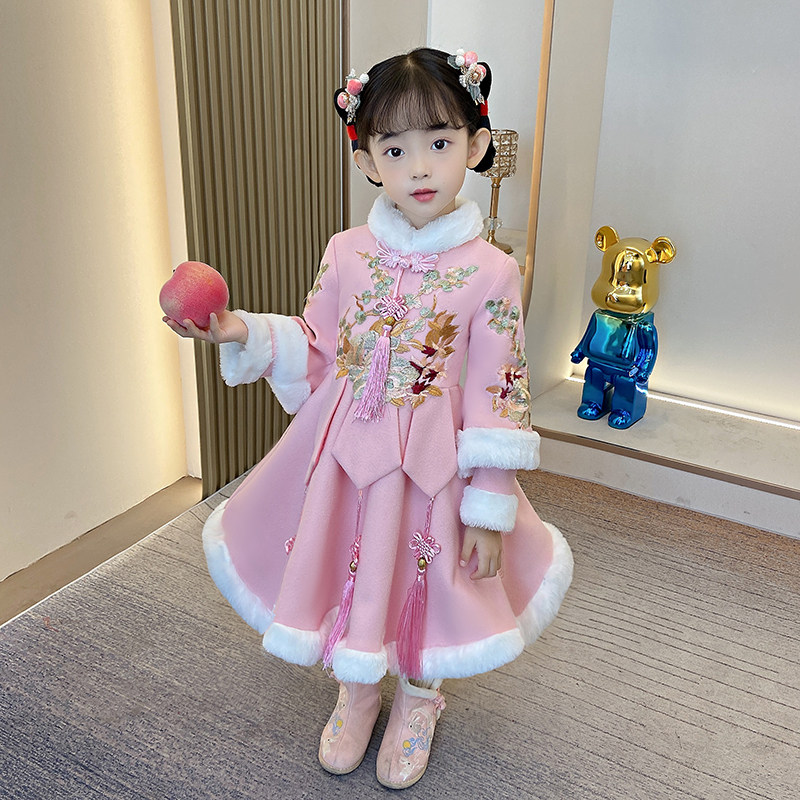 女童中国风唐装冬季加绒喜庆洋气拜年服小女孩洋气公主毛呢连衣裙