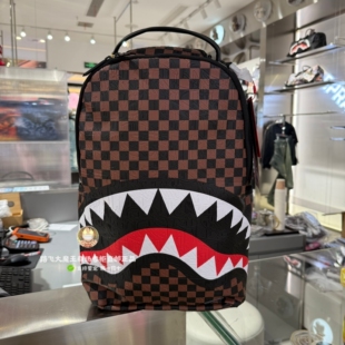 SprayGround专柜正品 双肩包W1215701棕色棋盘格鲨鱼嘴男女背包潮