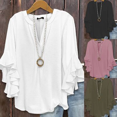 Women's V Neck Ruffle Sleeve Blouse Split Neck Layered Flare