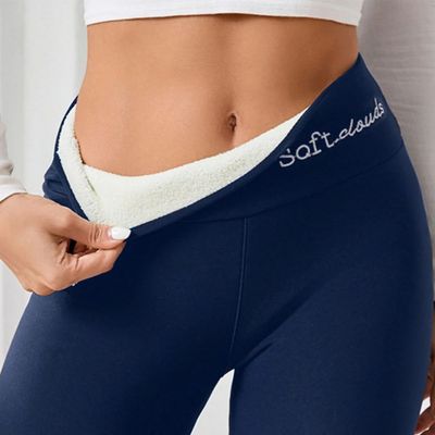 Embroidered Fleece Leggings Winter Warm Pants for Women High