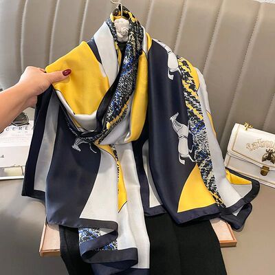 Horse Printed Satin Scarf Vintage Color Block Shawl Imitatio