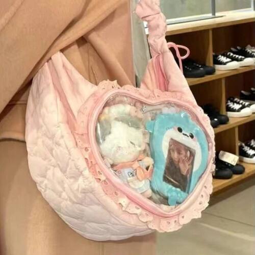 Pink Cute Womens Shoulder Bag Pleated Love Heart Lolita Jk I