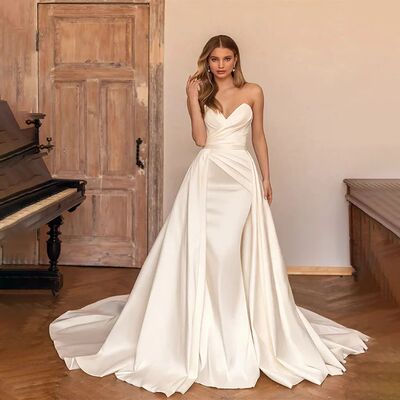 Sweetheart Mermaid Satin Wedding Dress Detachable Skirt Back