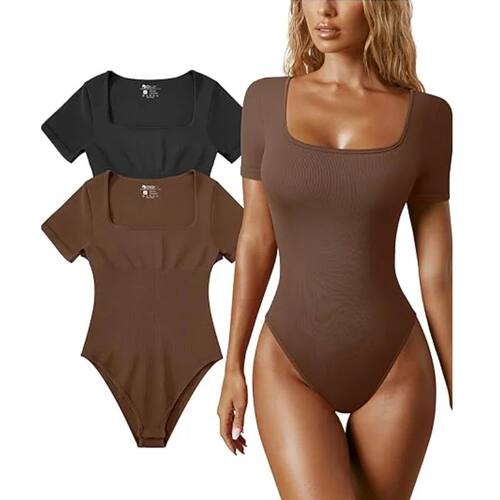 Dimmkof Bodysuits Sexy Ribbed One Piece Square Neck Short Sl