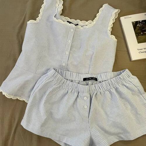 Striped Women Pajamas Summer Sleepwear Sleeveless Shorts Set