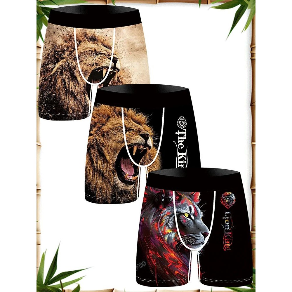 3Pcs Lion Wolf Print Men Underwear Boxers Men's Novelty Unde