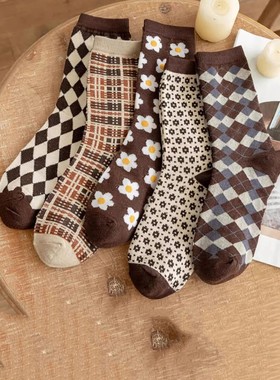5 Pairs Women  Argyle Comfortable Crew Socks Floral PrintMid