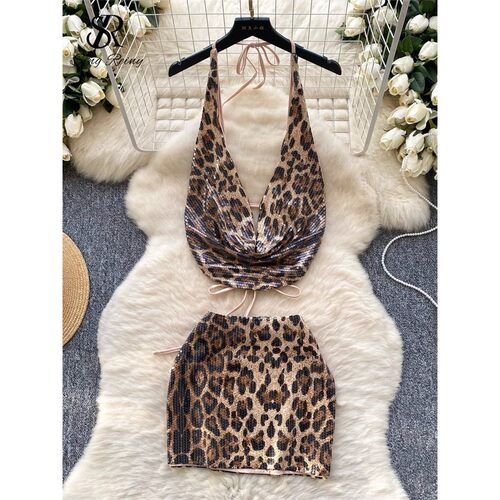 Clubwear Sexy Two Pieces Suits Halter Backless Mini Top+Body