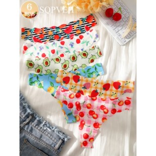 6Pcs Women's Fruits Print Seamless Thongs No Show Invisible