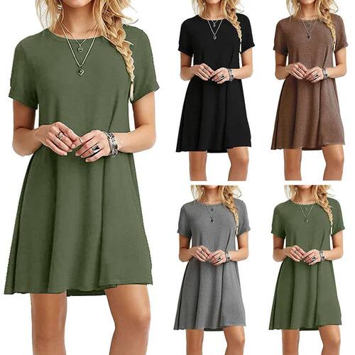 Women Casual Short Sleeve T Shirt Dress Vintage O Neck Print