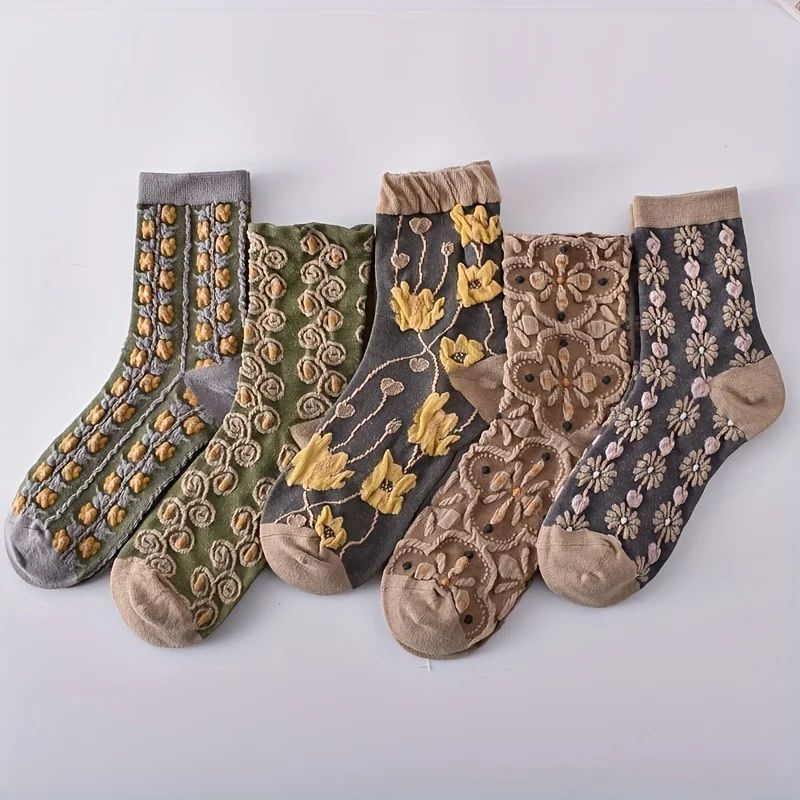 5 Pairs 3D Floral Textured Socks, Retro Court Style All-matc