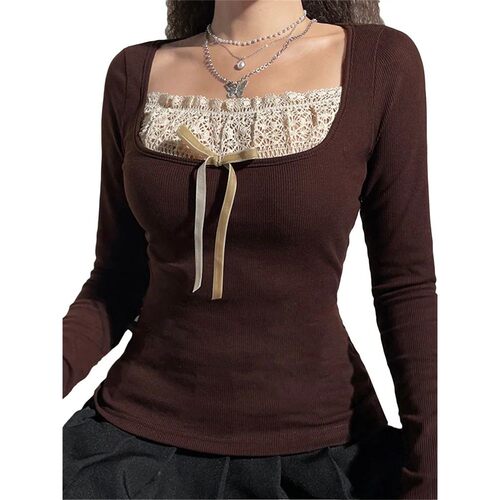 Y2k Women's Long Sleeve Knitted Tops Lace Stitching Neckline