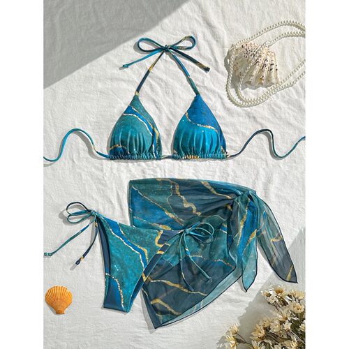 Women's Three-Piece Swimsuit Set, Blue Marble Print, Sexy Bi