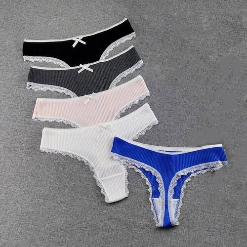 3Pcs/set Lace Trim Woman Ribbed Cotton Thong Sexy Low Rise P