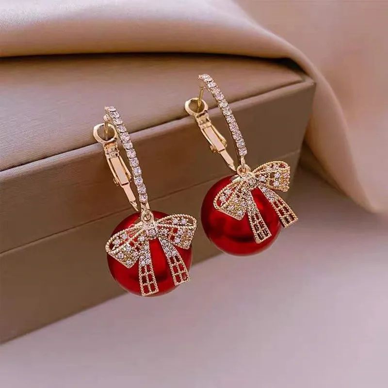 Gold Color Zircon Bowknot Stud Earrings For Women Red Pearl