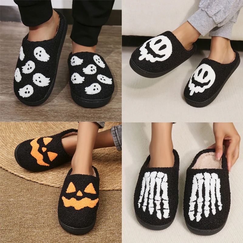 Halloween Funny Casual Fluffy Slippers Women House Flats Cut