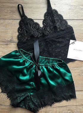 Lace Silk Sleepwear for Women Pajamas Set Sexy Lingerie Crop