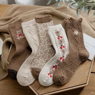 Cute Bear Socks Women High Wool Keep Warm Brown Winter Sock