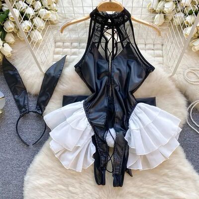 Sweet Lace Women PU Bunny Bodysuits Sexy One Piece Combinati