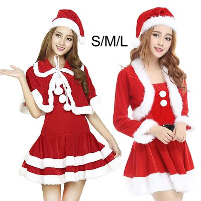 Women Santa Costume Outfit Velvet Dress Clothes Santa Hat Fa