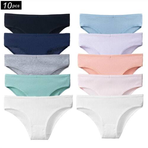 10Pcs/Set Ribbed Cotton Briefs Women Panties Underwear Femal