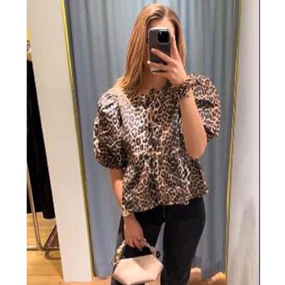 Summer NewLeopard Blouse Women's Printed Hollow Lace up Shor