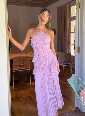 Elegant Purple Halter A Line Prom Gowns Ruffles Tiered Backl