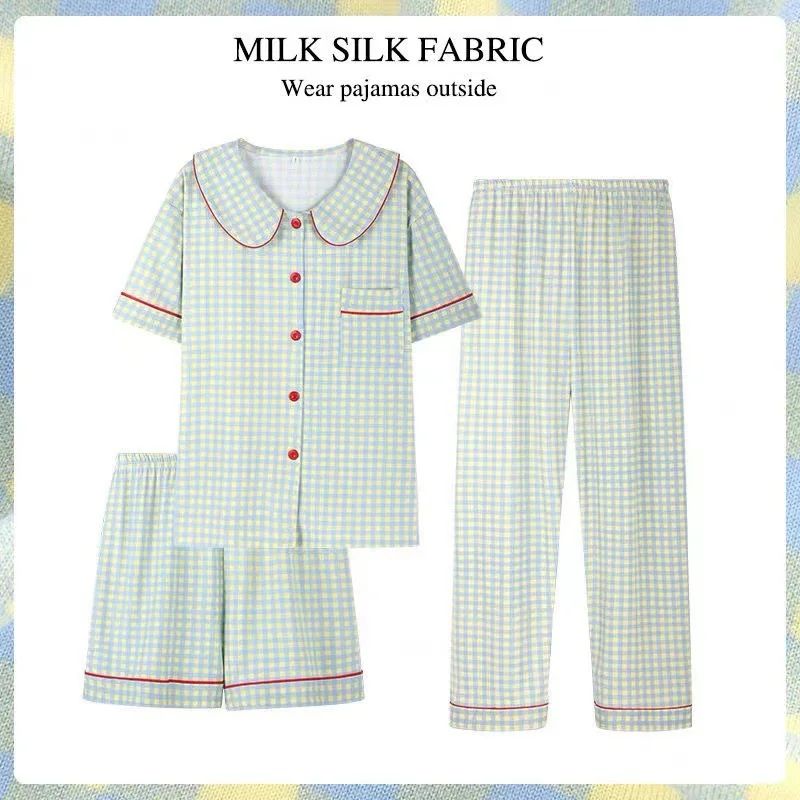 Three-Piece Set Ladies Pajamas Set Short-Sleeved Plaid Senio
