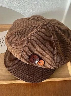 Vintage Corduroy Beret Hat For Women Button Octagonal Cap Au