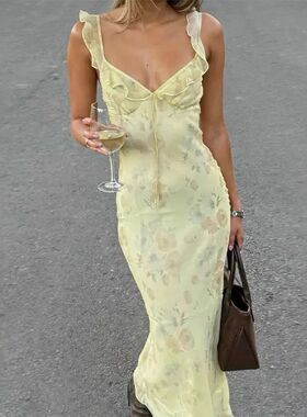 Summer Flower Printed Women's Sexy Low-cut Dress Sleeveless