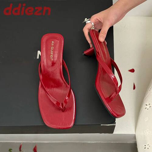 Fashion Square Toe Ladies Medium Heels Slippers Sandals Shoe