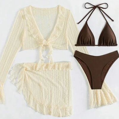 Women Swimsuit Long-sleeve Cover-up Swimwear Sexy Four-piece