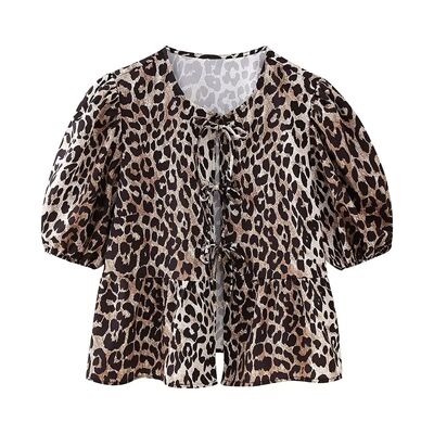 Summer Shirt With Strap Lace-up Leopard Blouse Puff Sleeve C