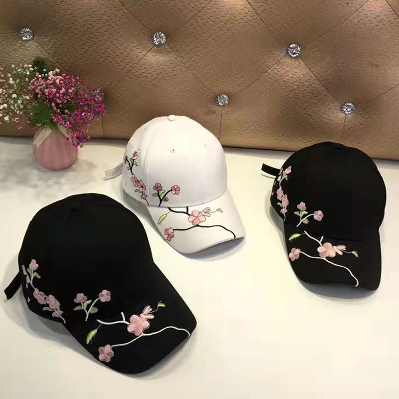 JK Flower Embroidery Baseball Caps Women Girl Cute Plum Outd