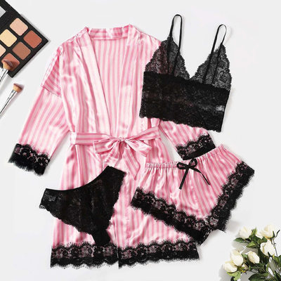 Pink Stripe Robe and Pajamas set Women Silk Satin Lace Sleep