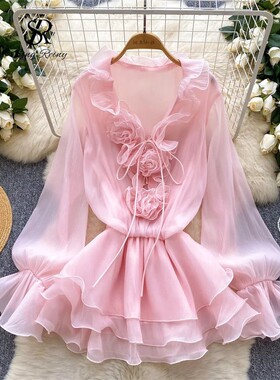3D Floral Beach Short Dress Female Long Sleeves Lace Up Ruff