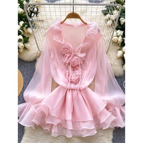 3D Floral Beach Short Dress Female Long Sleeves Lace Up Ruff