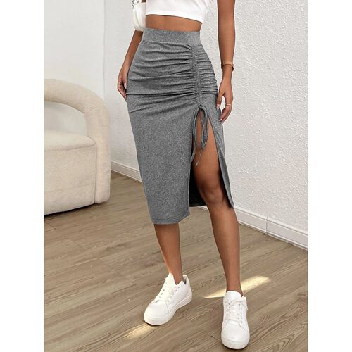 Women's Solid Drawstring Ruched Split Thigh Bodycon Skirt Fi