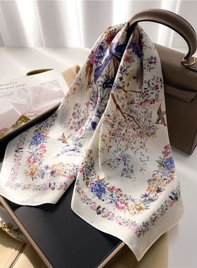 Floral Print Square Silk Scarf for Women Hair Bands 70cm Nec