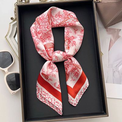 Imitation Silk Red Print Square Scarf For Women, Bandana Spr