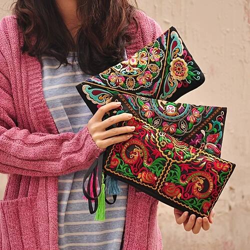Vintage Ethnic Style Embroidered Long Wallet Wristlet Clutch
