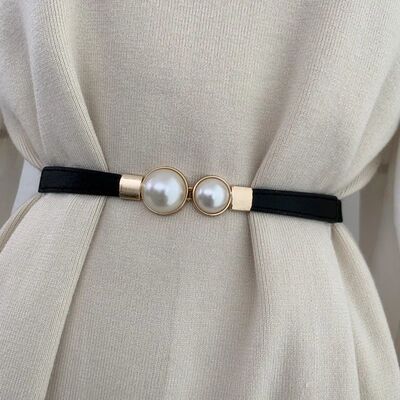 Elegant Double Pearls Buckle Elastic Women Belts Thin Straps