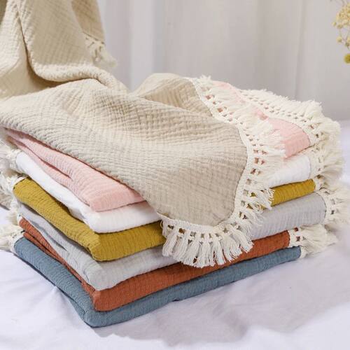Cotton Muslin Swaddle Blankets For Newborn  Baby Tassel Rece