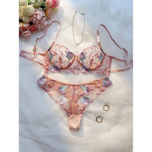 Sweet Pastel Pink Embroidered Ladies' Bra And Panties Set wi