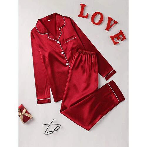 Solid Pajama Set Long Sleeve Button Up Lapel Top & Pants Pj