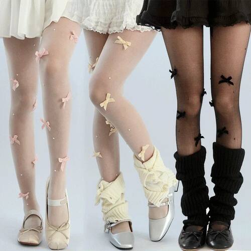 Women JK Lolita Tights Pink Velvet Bow Pearl Tights Pantyhos